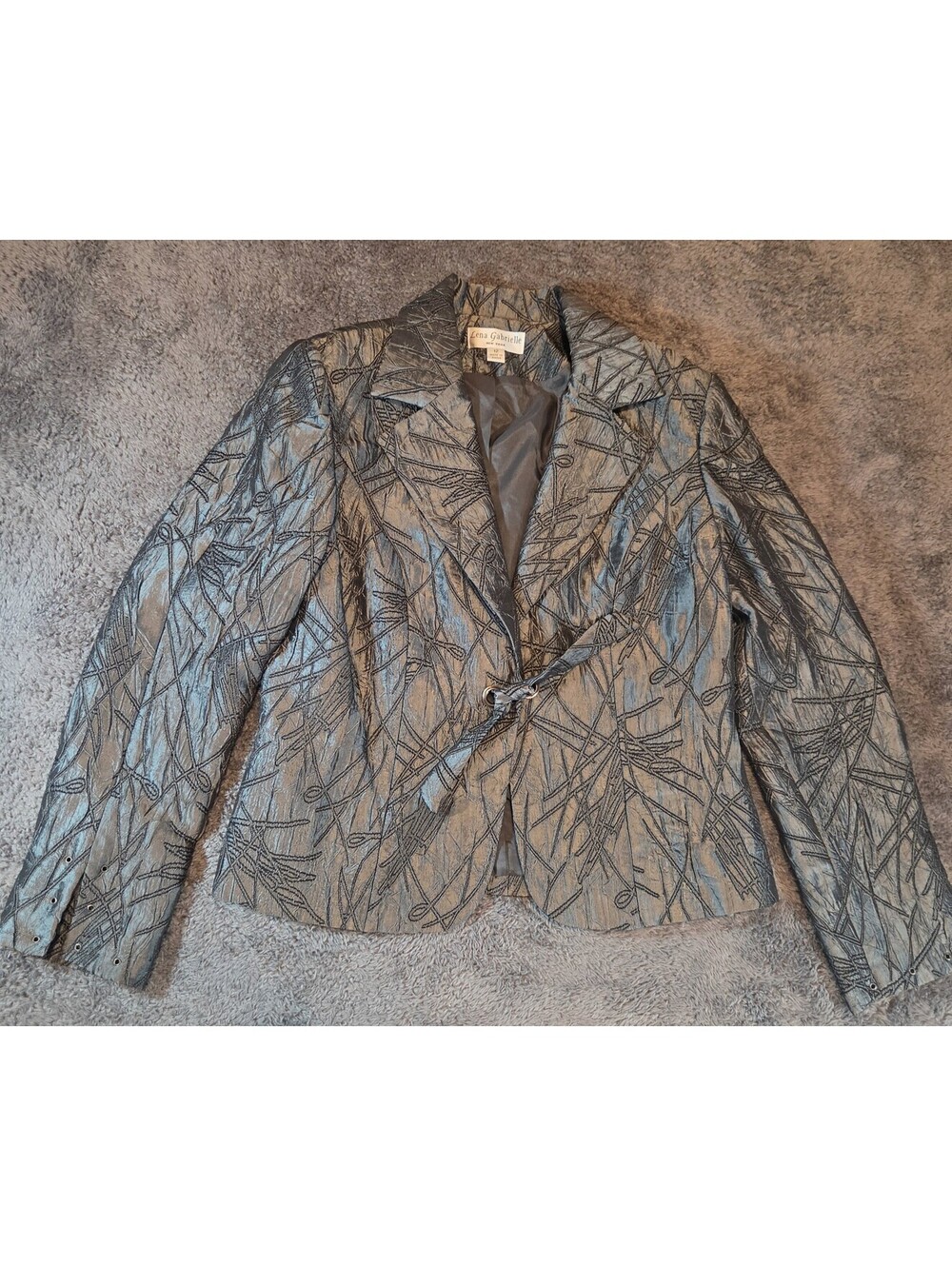 Lena Gabrielle Blazer Womens 12 Metallic Silver Black Y2K Abstract Jacket